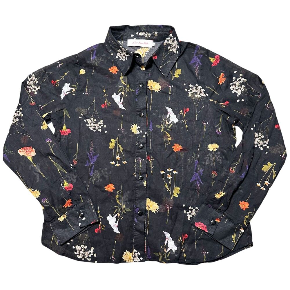 Lisa Says Gah Sheer Black Floral Cotton Long Sleeve Button Up Top, Small
